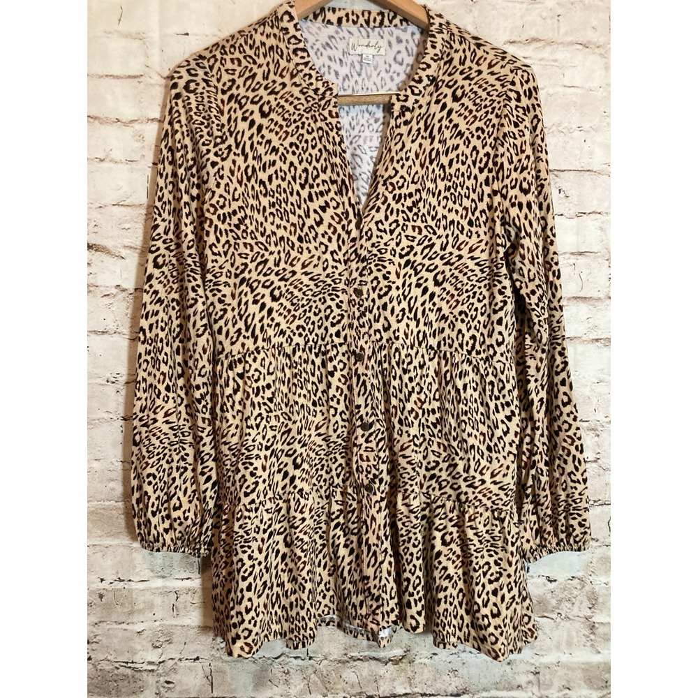 Wonderly Babydoll Top Womens Medium Brown‎ Cheetah Leopard Jersey Stretch Button